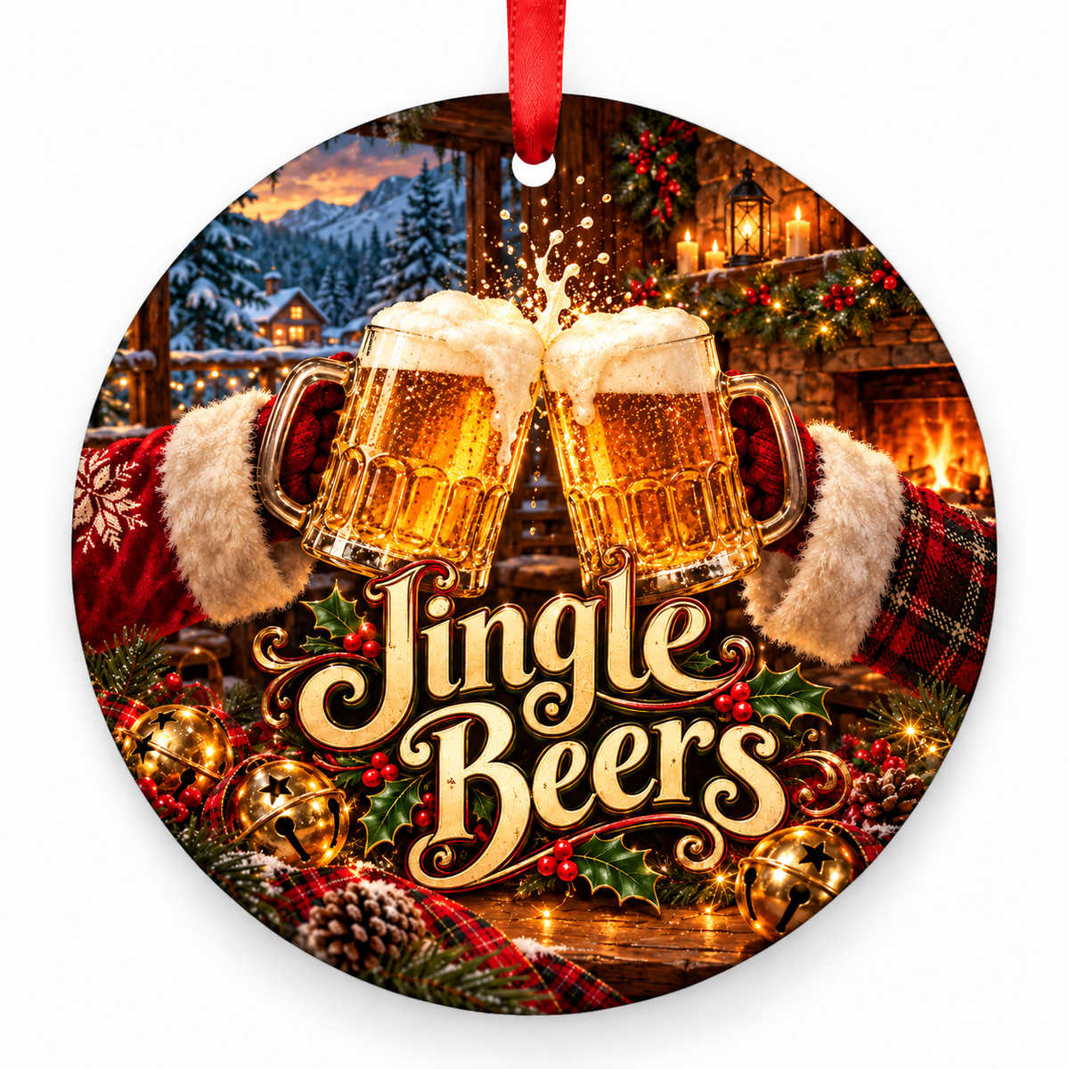 Jingle Beers Christmas ornament with red hanging ribbon