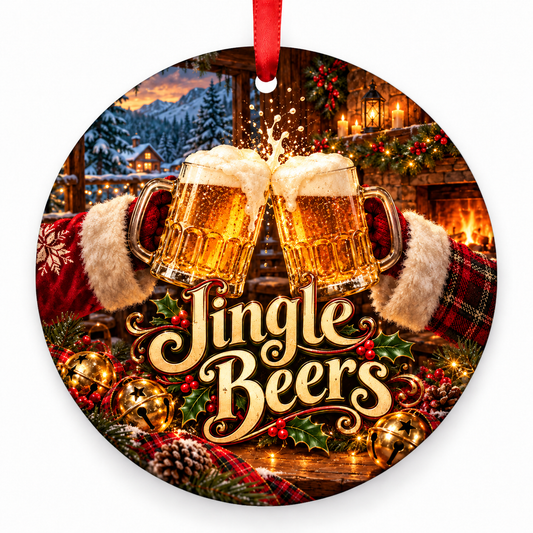 Jingle Beers Christmas ornament with red hanging ribbon