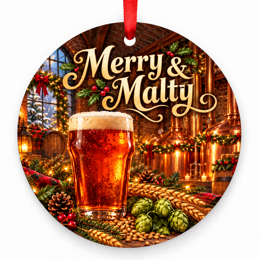 Merry & Malty Christmas ornament with red hanging ribbon