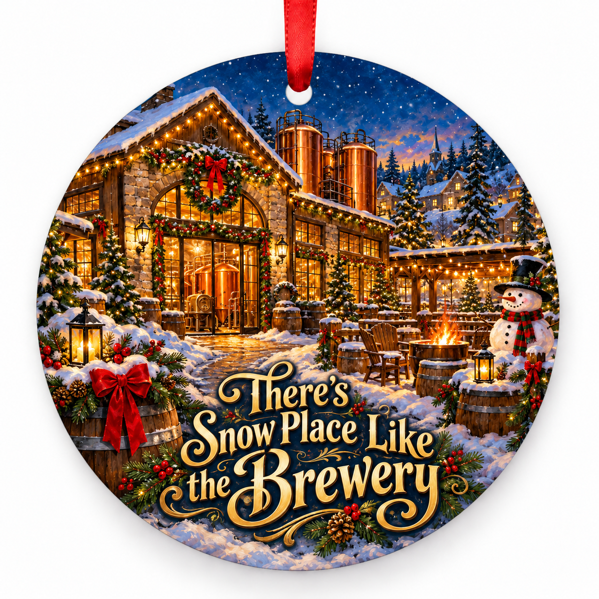 There’s Snow Place Like the Brewery Christmas ornament with red hanging ribbon