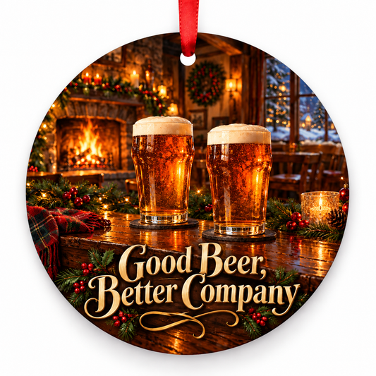 Good Beer, Better Company Christmas ornament with red hanging ribbon