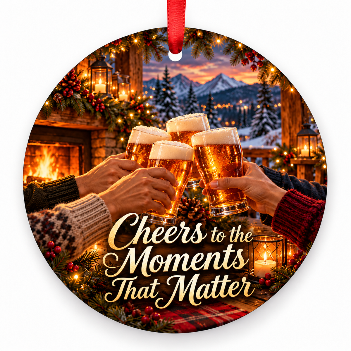 Cheers to the Moments That Matter Christmas ornament with red hanging ribbon