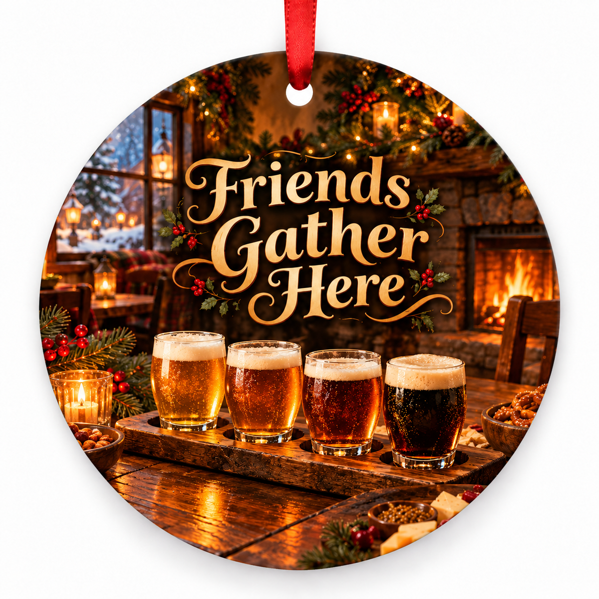 Friends Gather Here Christmas ornament with red hanging ribbon