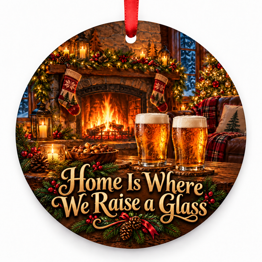 Home Is Where We Raise a Glass Christmas ornament with red hanging ribbon