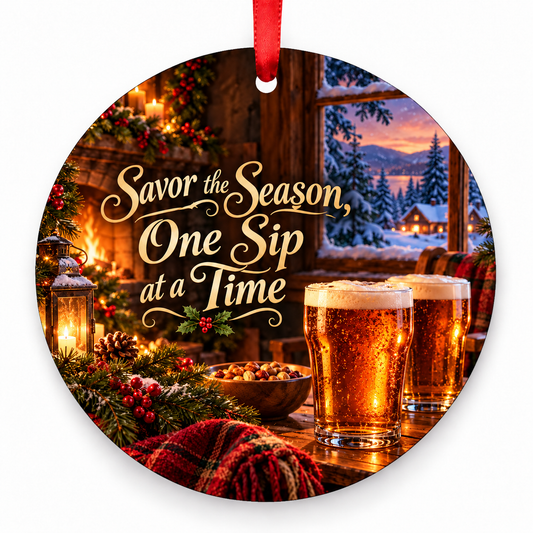 Savor the Season, One Sip at a Time Christmas ornament with red hanging ribbon