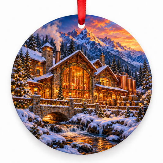 Snowy Mountain Taproom Christmas ornament with red hanging ribbon