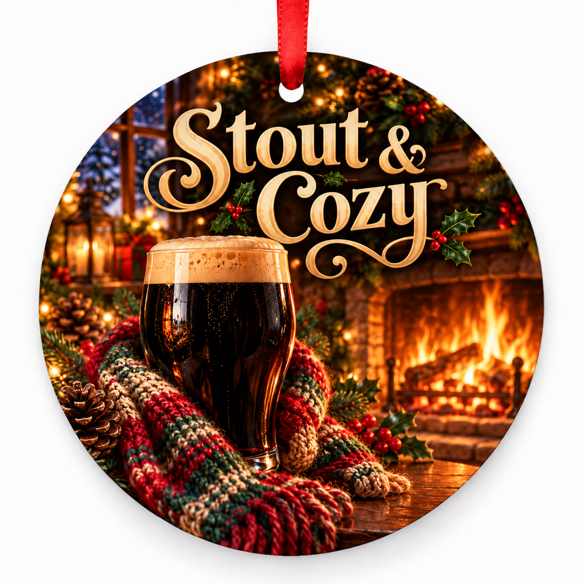 Stout & Cozy Christmas ornament with red hanging ribbon