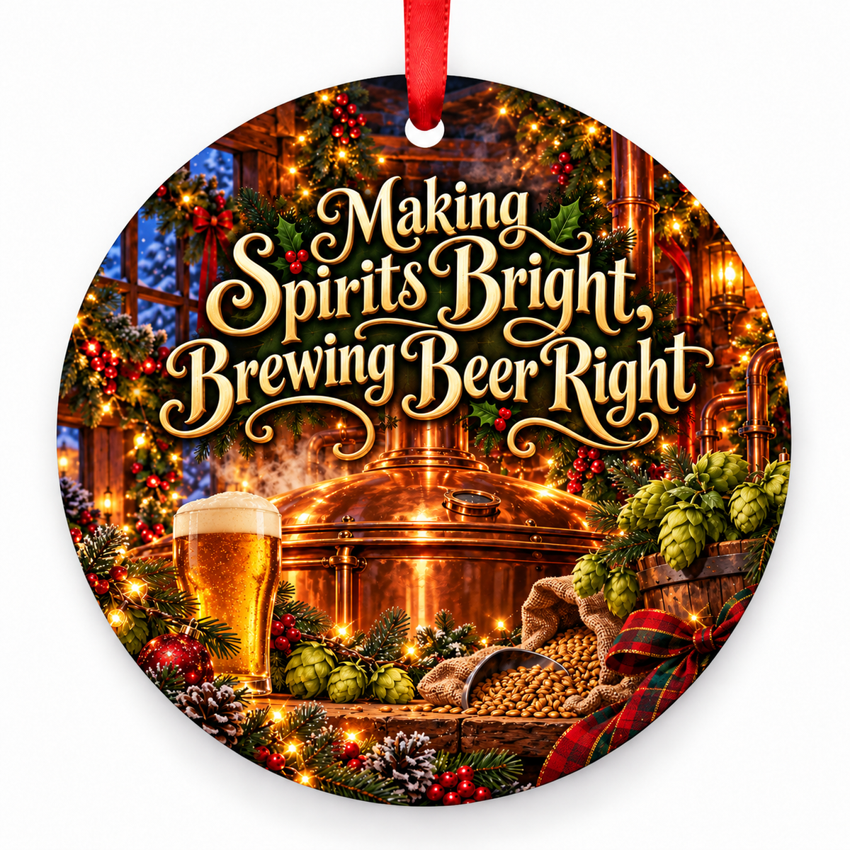 Making Spirits Bright, Brewing Beer Right Christmas ornament with red hanging ribbon