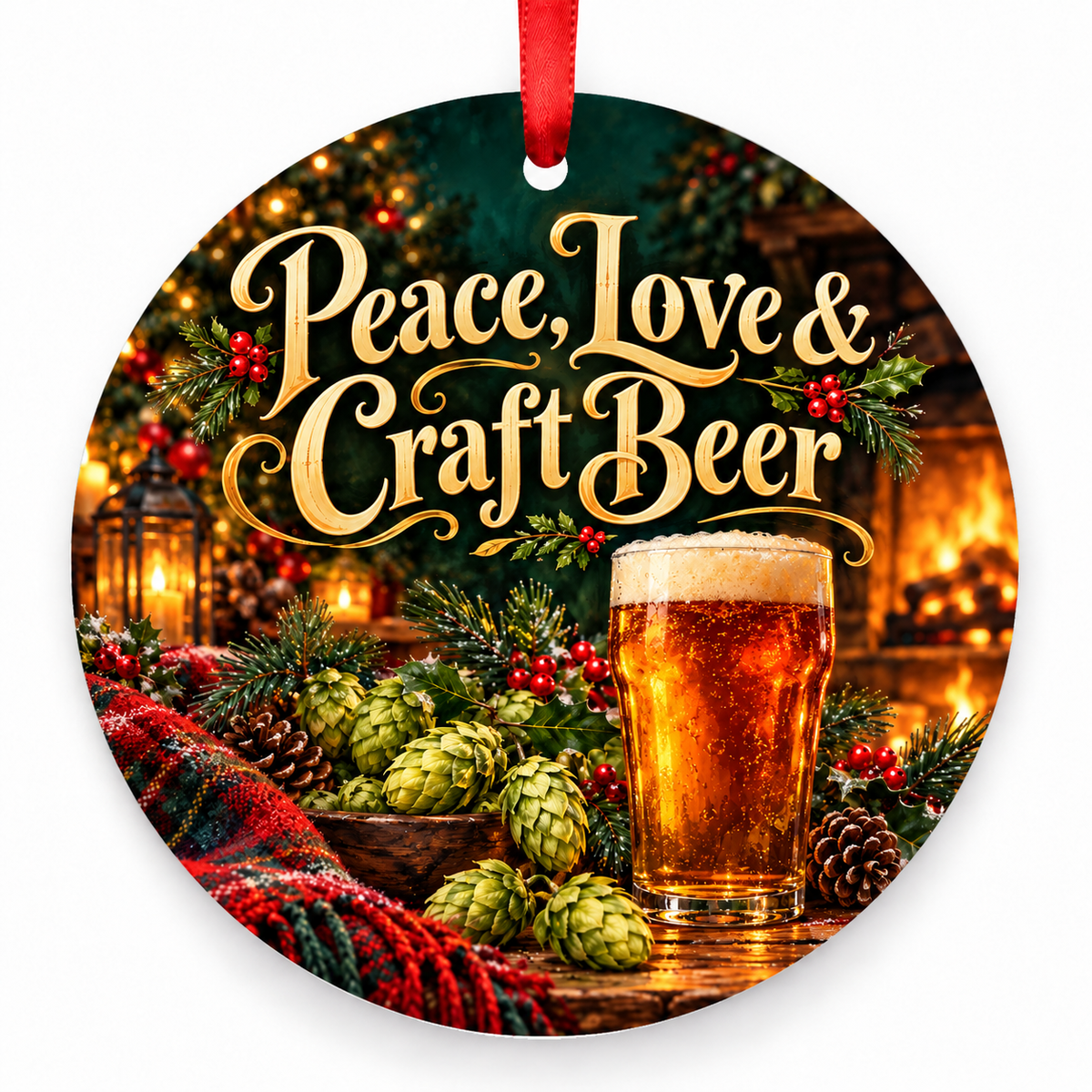 Peace, Love & Craft Beer Christmas ornament with red hanging ribbon