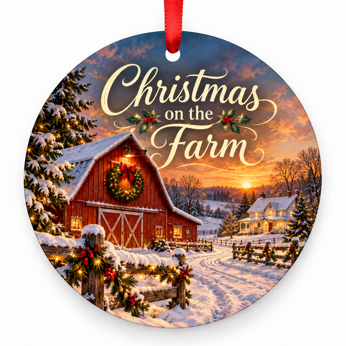 Christmas on the Farm round Christmas ornament with red ribbon