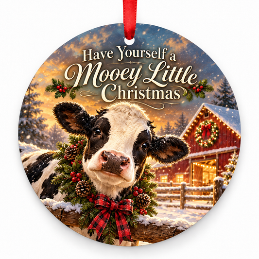 Have Yourself a Mooey Little Christmas round Christmas ornament with red ribbon