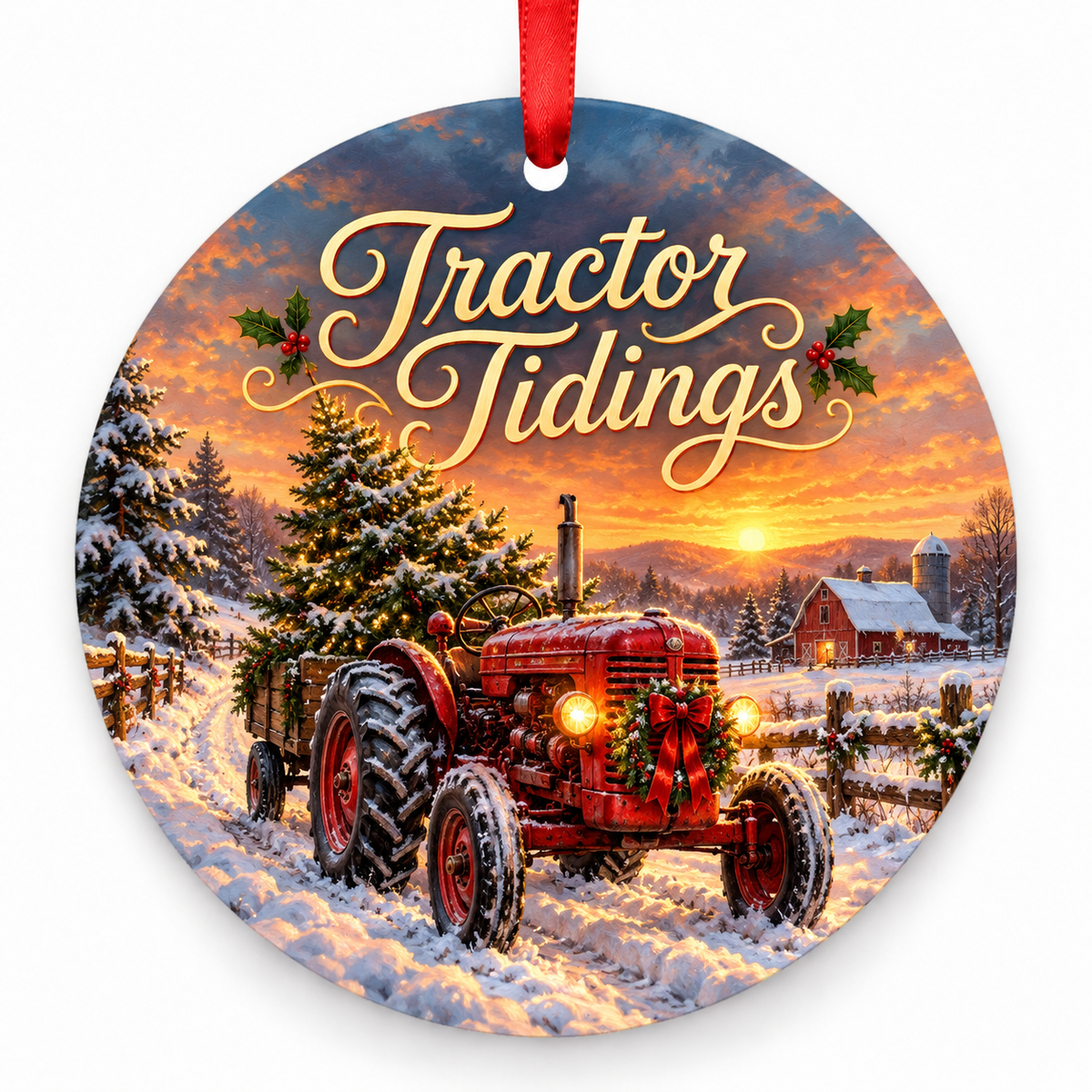 Tractor Tidings round Christmas ornament with red ribbon