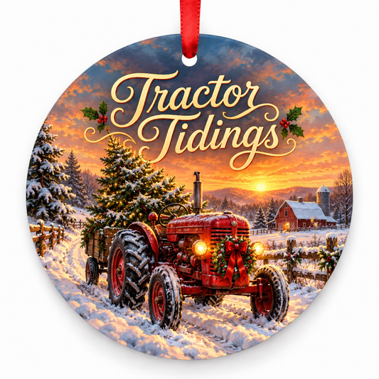 Tractor Tidings round Christmas ornament with red ribbon