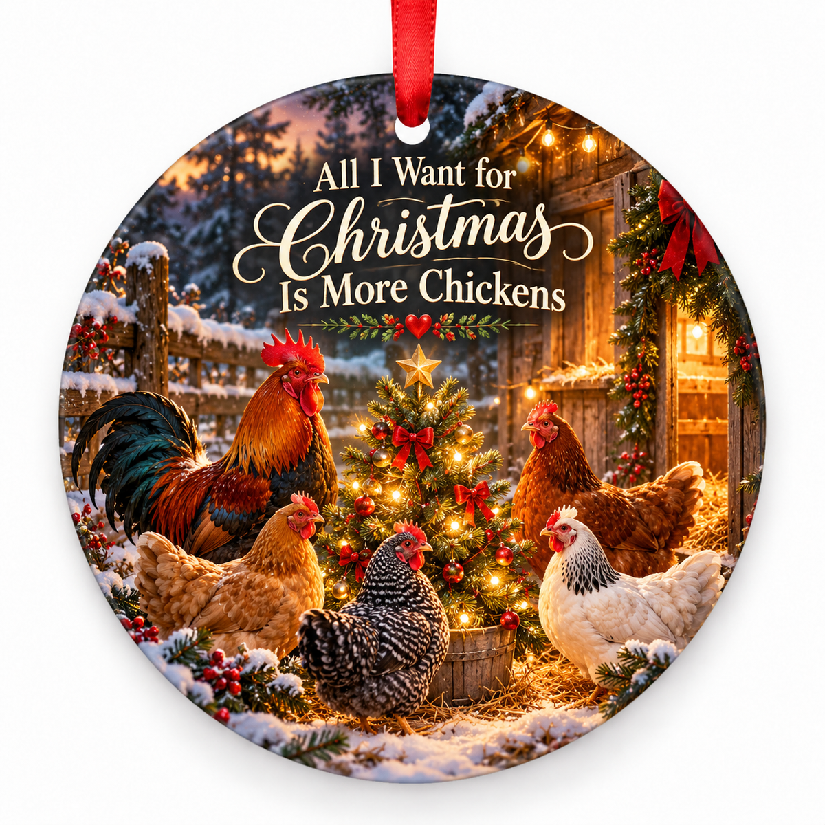 All I Want for Christmas Is More Chickens round Christmas ornament with red ribbon