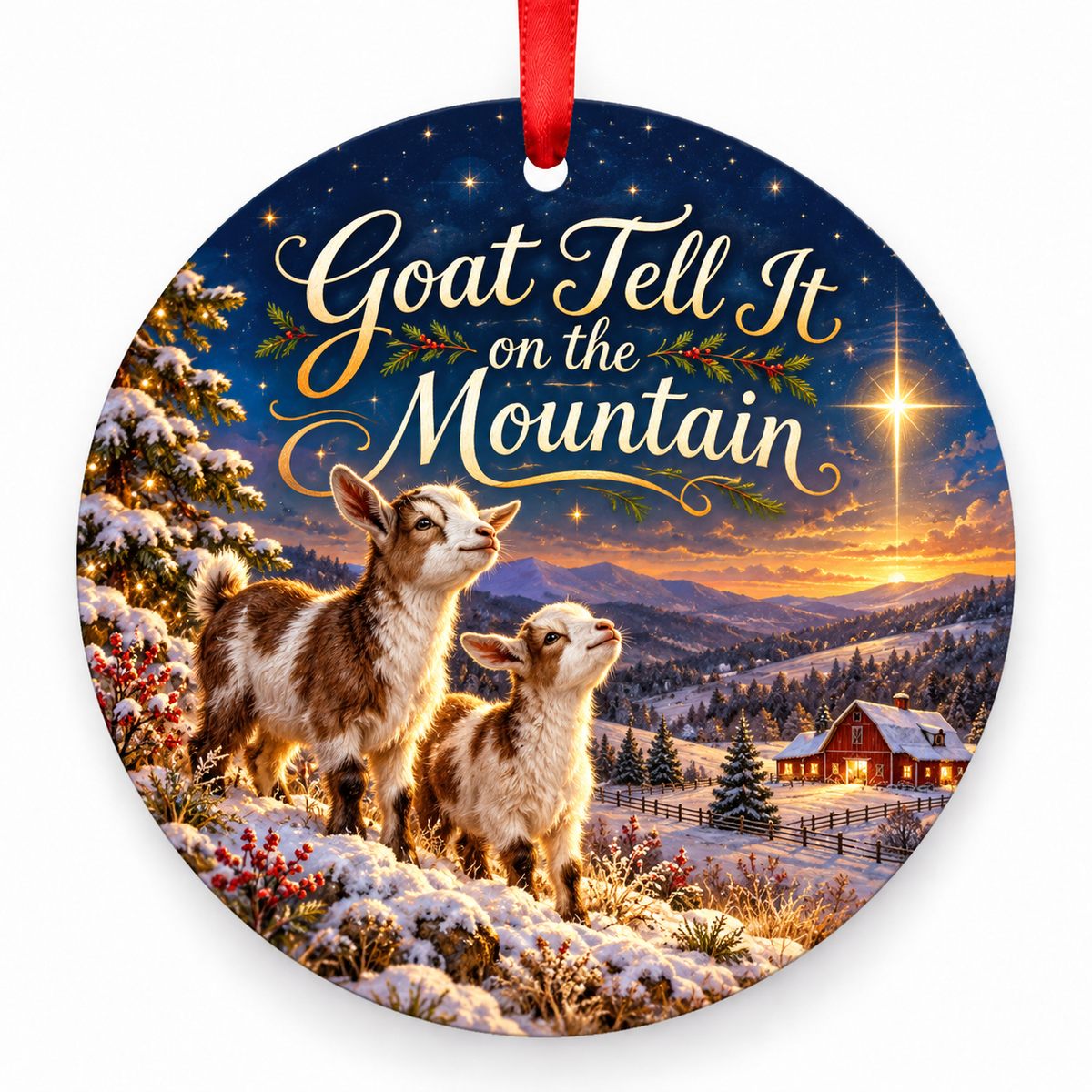 Goat Tell It on the Mountain round Christmas ornament with red ribbon