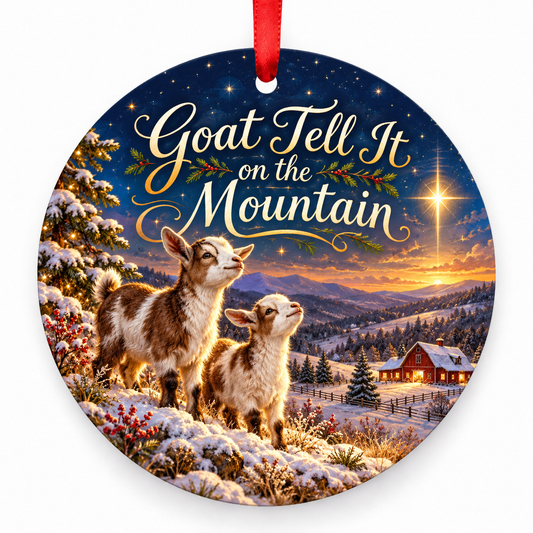 Goat Tell It on the Mountain round Christmas ornament with red ribbon