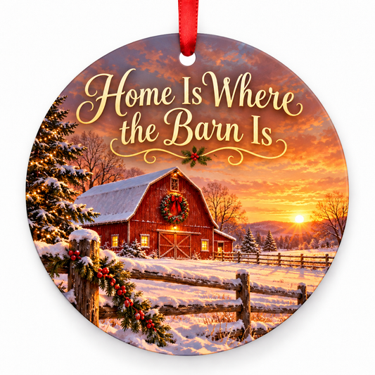 Home Is Where the Barn Is round Christmas ornament with red ribbon