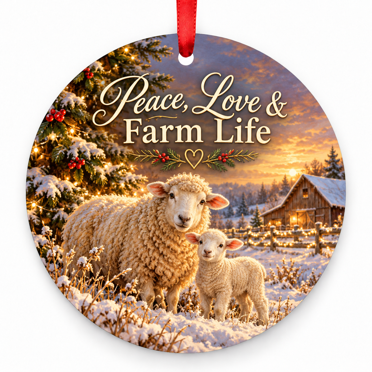 Peace, Love & Farm Life round Christmas ornament with red ribbon
