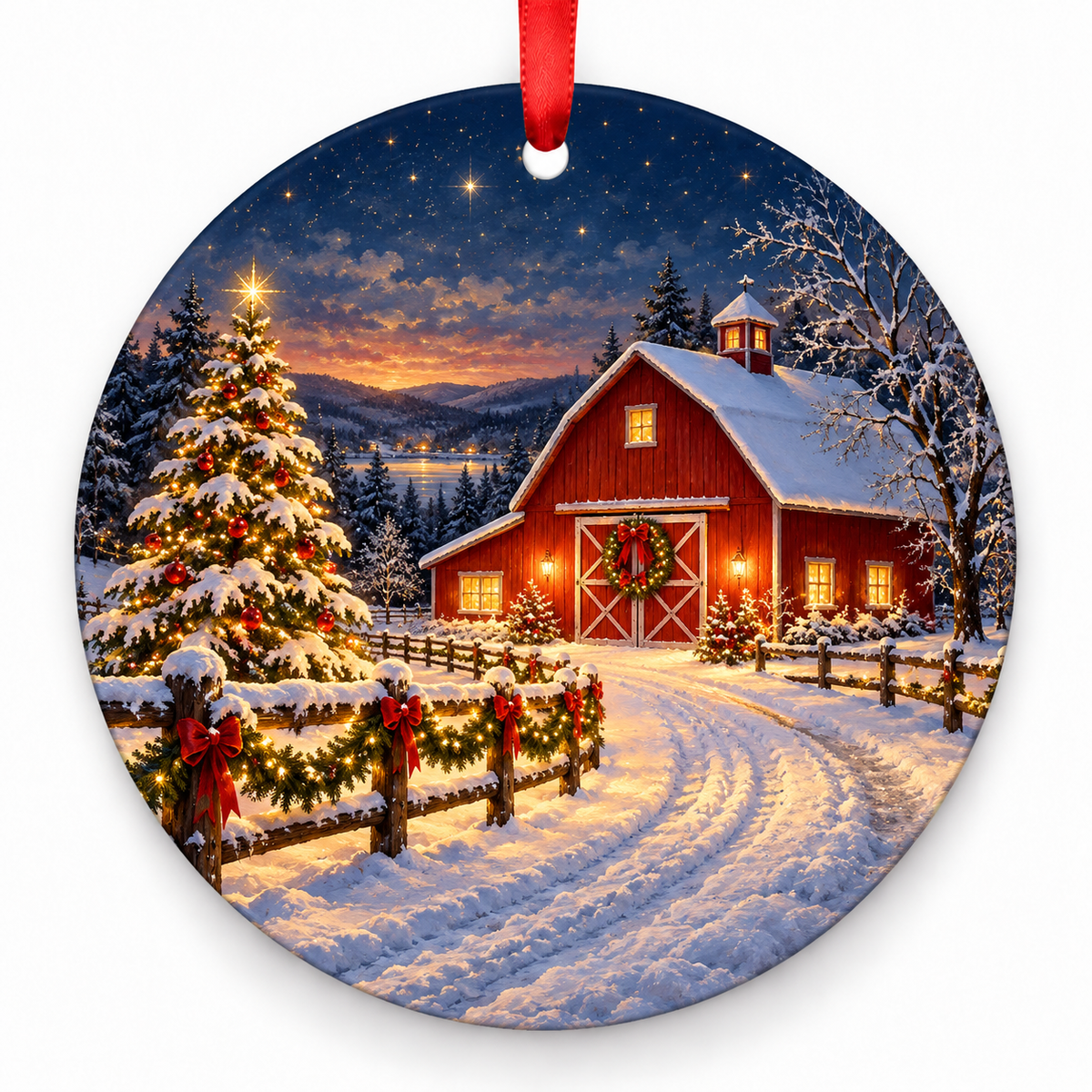 Silent Night on the Farm round Christmas ornament with red ribbon