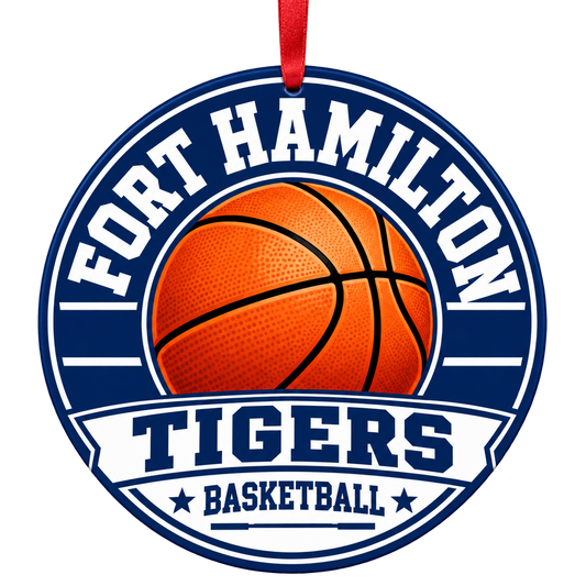 Fort Hamilton High School Tigers basketball Christmas ornament in navy and white with red ribbon, Brooklyn, New York