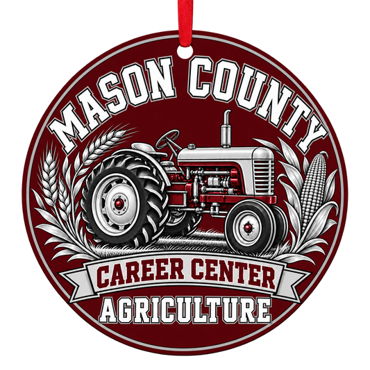 Mason County Career Center agriculture Christmas ornament with tractor, wheat and corn, red ribbon, maroon and silver design