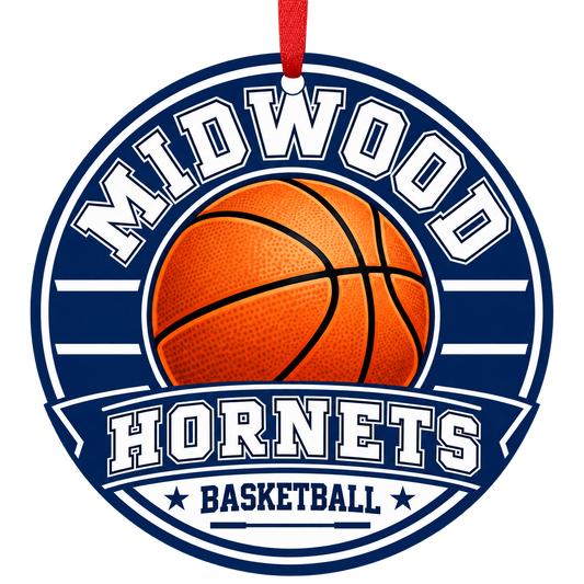 Midwood High School Hornets basketball Christmas ornament in navy blue and white with red ribbon — Brooklyn, NY