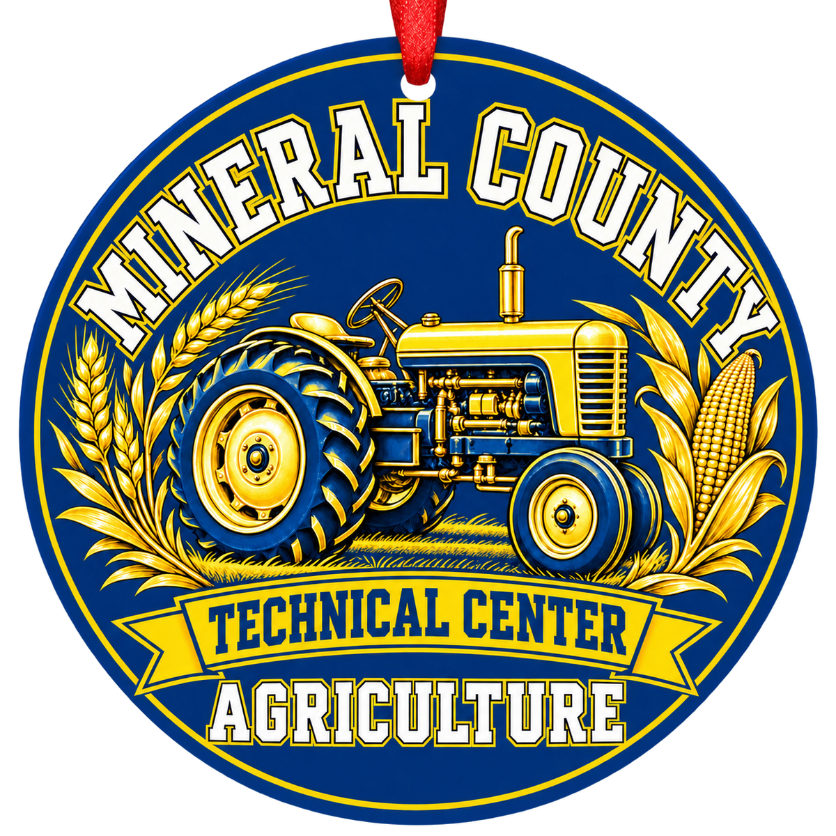 Mineral County Technical Center agriculture Christmas ornament with tractor, wheat and corn, red ribbon, blue and gold design