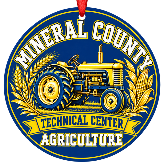 Mineral County Technical Center agriculture Christmas ornament with tractor, wheat and corn, red ribbon, blue and gold design