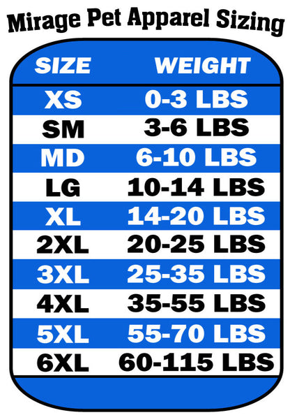 Pet apparel sizing chart from XS to 6XL