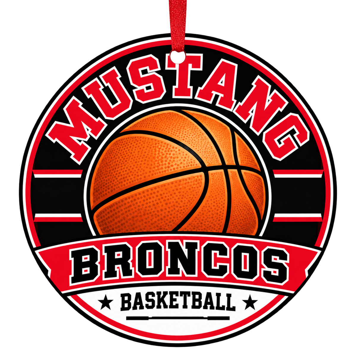 Mustang High School Broncos Basketball Christmas ornament in red, black and white with red hanging ribbon — Mustang, OK