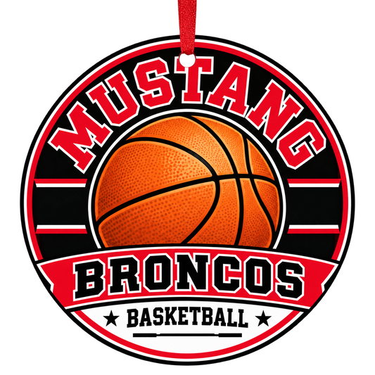 Mustang High School Broncos Basketball Christmas ornament in red, black and white with red hanging ribbon — Mustang, OK