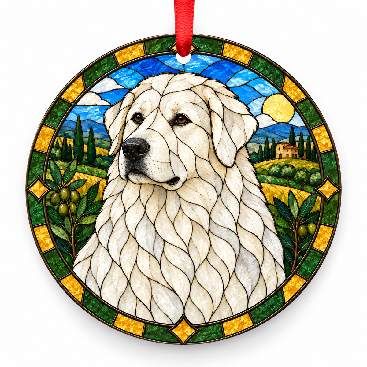 White Abruzzes and Maremma Shepherd Dog stained glass style porcelain Christmas ornament with red ribbon