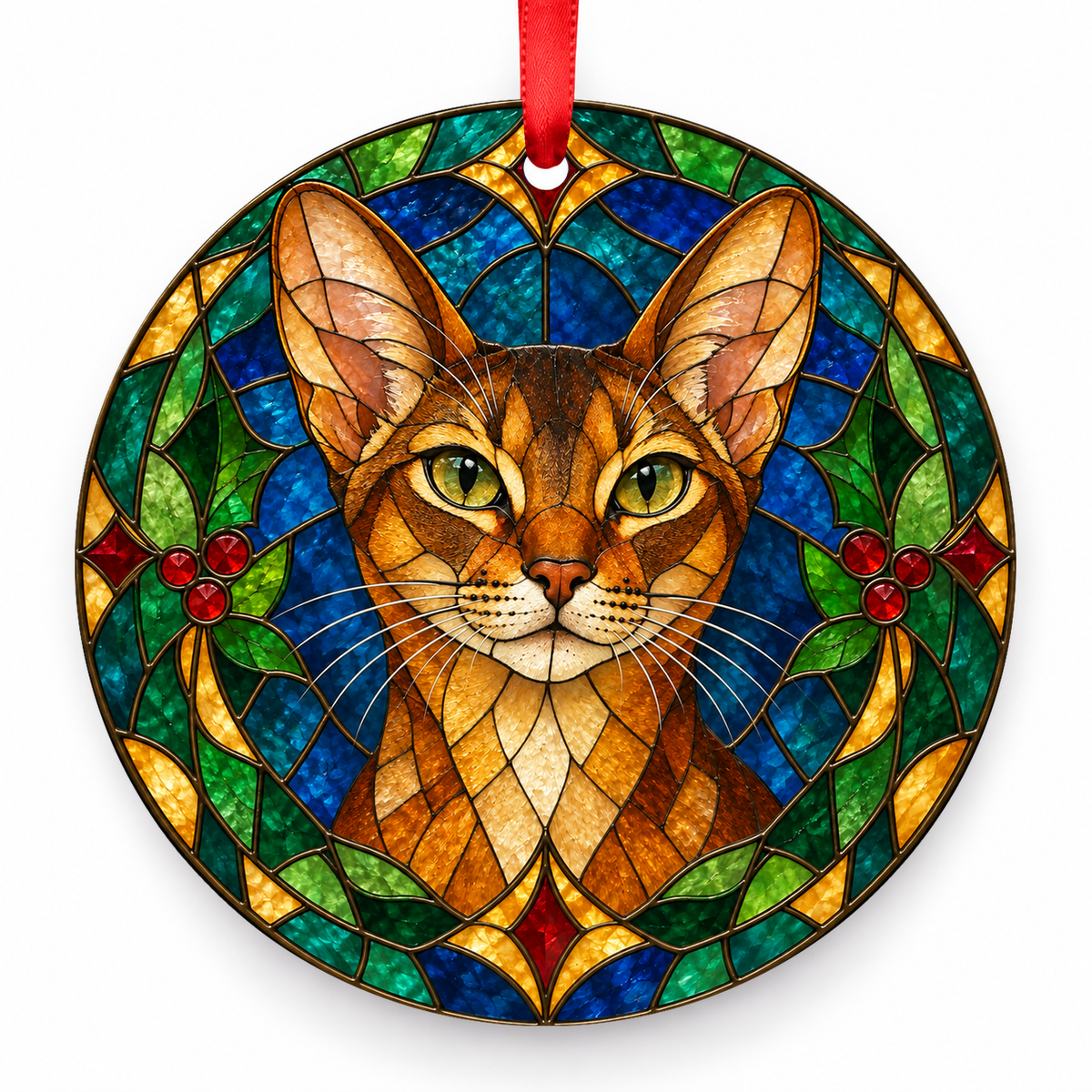 Original Abyssinian cat stained glass style porcelain Christmas ornament with red ribbon