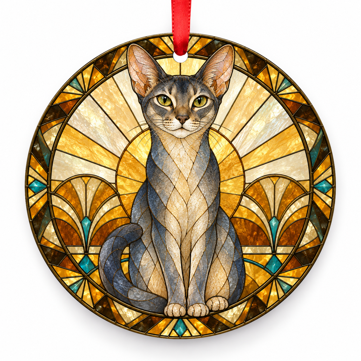 Blue Abyssinian cat stained glass style porcelain Christmas ornament with red ribbon