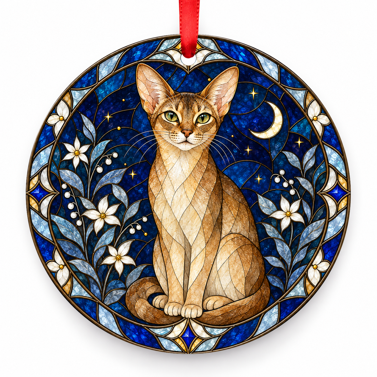 Fawn Abyssinian cat stained glass style porcelain Christmas ornament with red ribbon