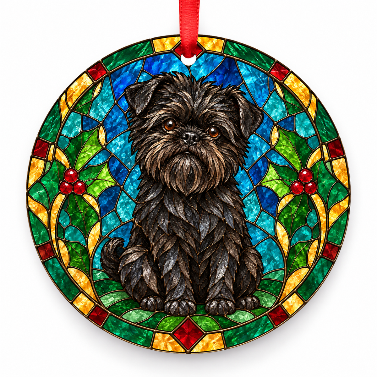 Original Affenpinscher stained glass style porcelain Christmas ornament with red ribbon