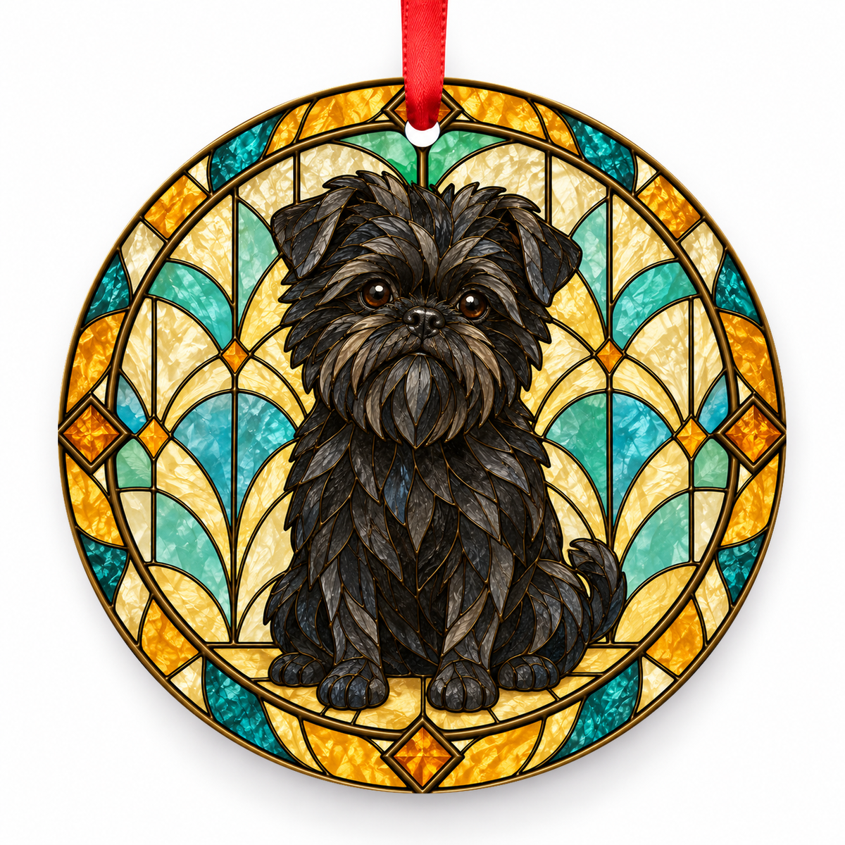 Black Affenpinscher stained glass style porcelain Christmas ornament with red ribbon
