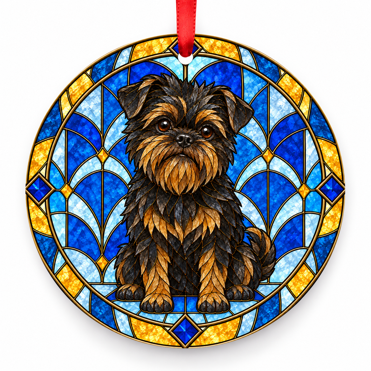 Black Tan Affenpinscher stained glass style porcelain Christmas ornament with red ribbon