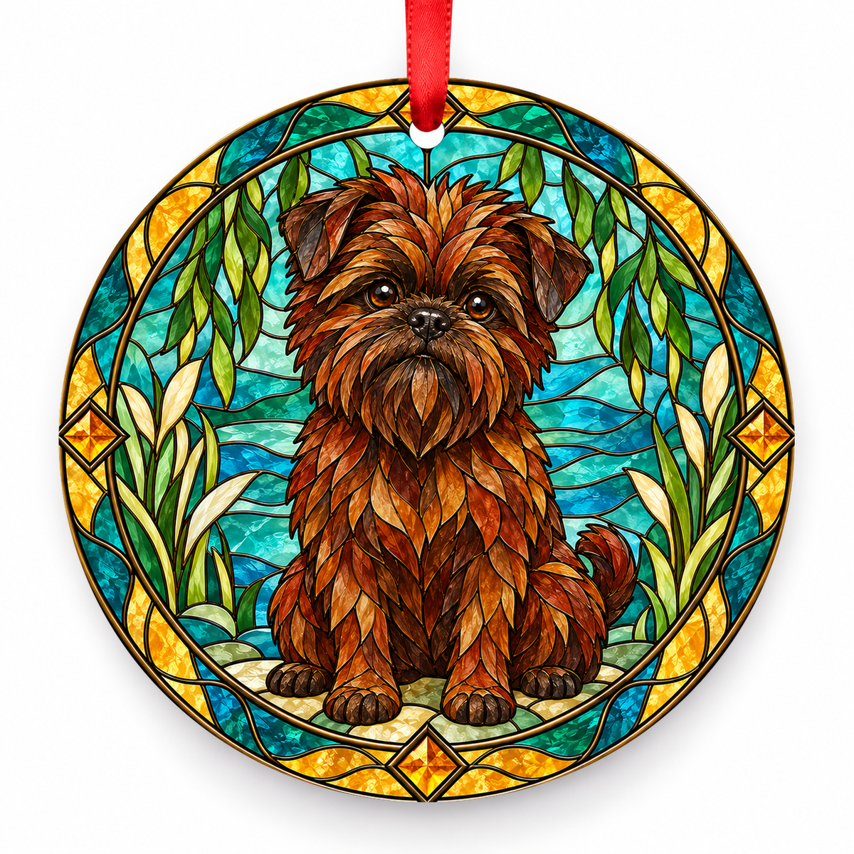 Red Affenpinscher stained glass style porcelain Christmas ornament with red ribbon