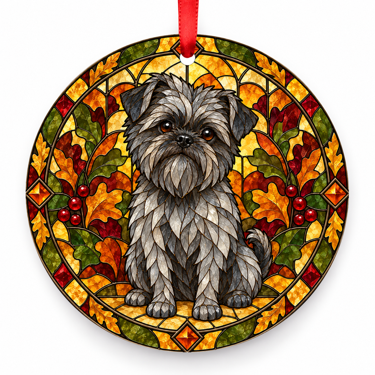 Silver Affenpinscher stained glass style porcelain Christmas ornament with red ribbon