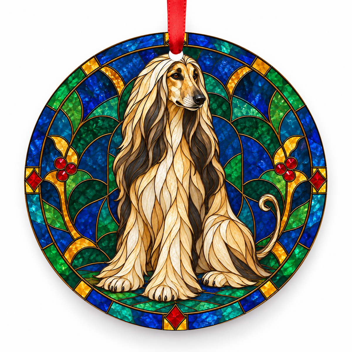 Original Afghan Hound stained glass style porcelain Christmas ornament with red ribbon