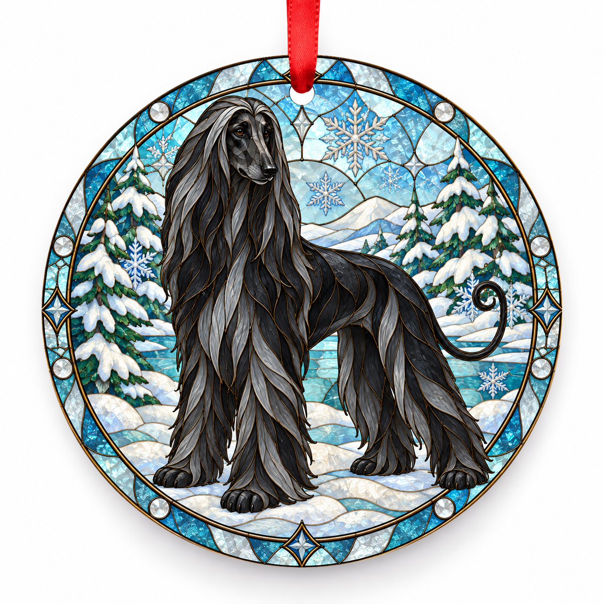 Black Afghan Hound stained glass style porcelain Christmas ornament with red ribbon