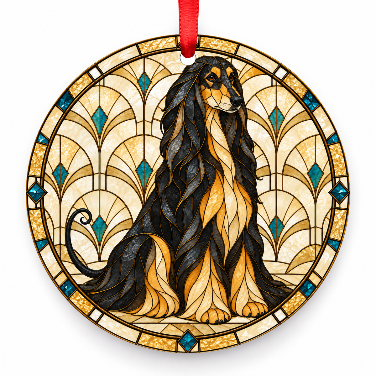 Black Tan Afghan Hound stained glass style porcelain Christmas ornament with red ribbon