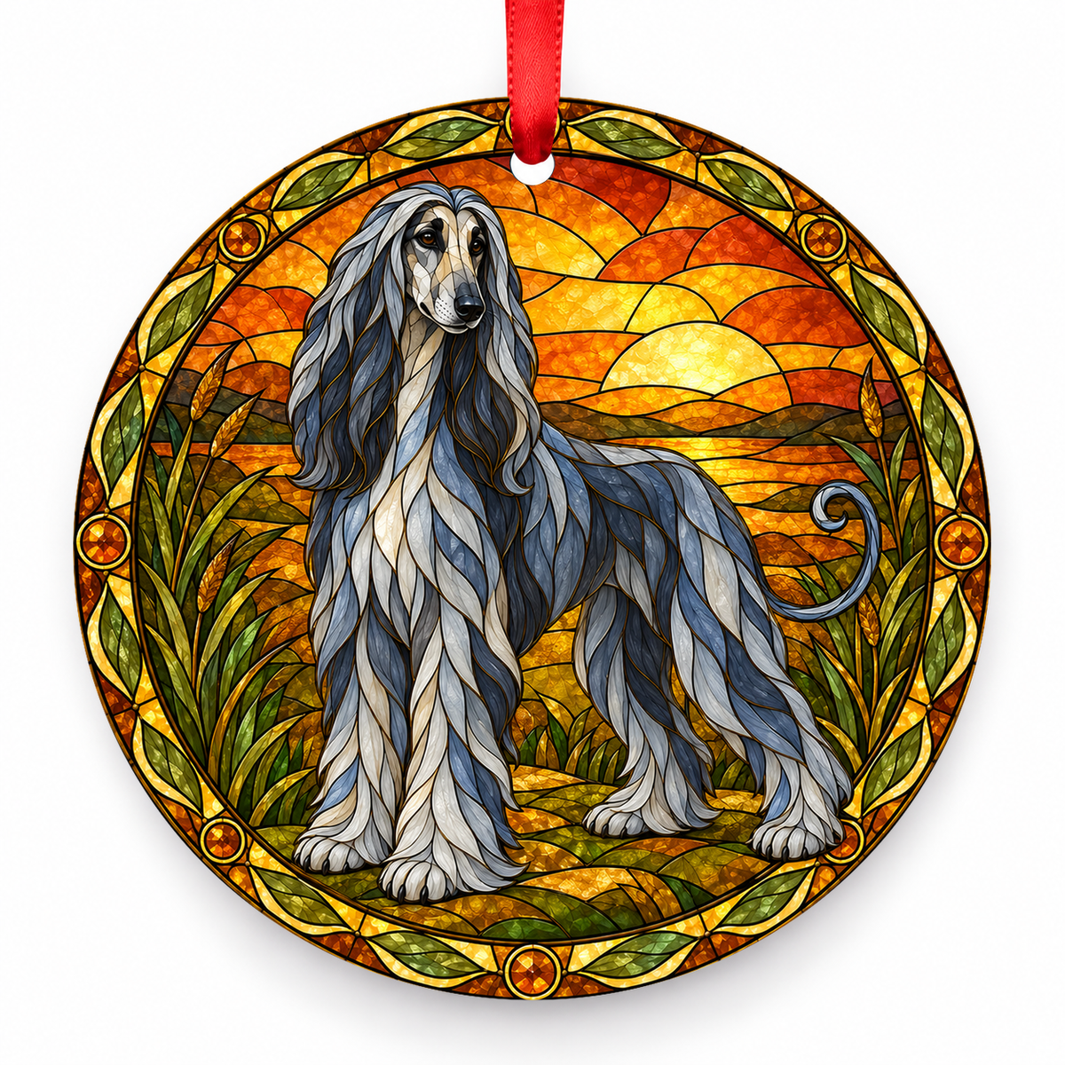 Blue Afghan Hound stained glass style porcelain Christmas ornament with red ribbon