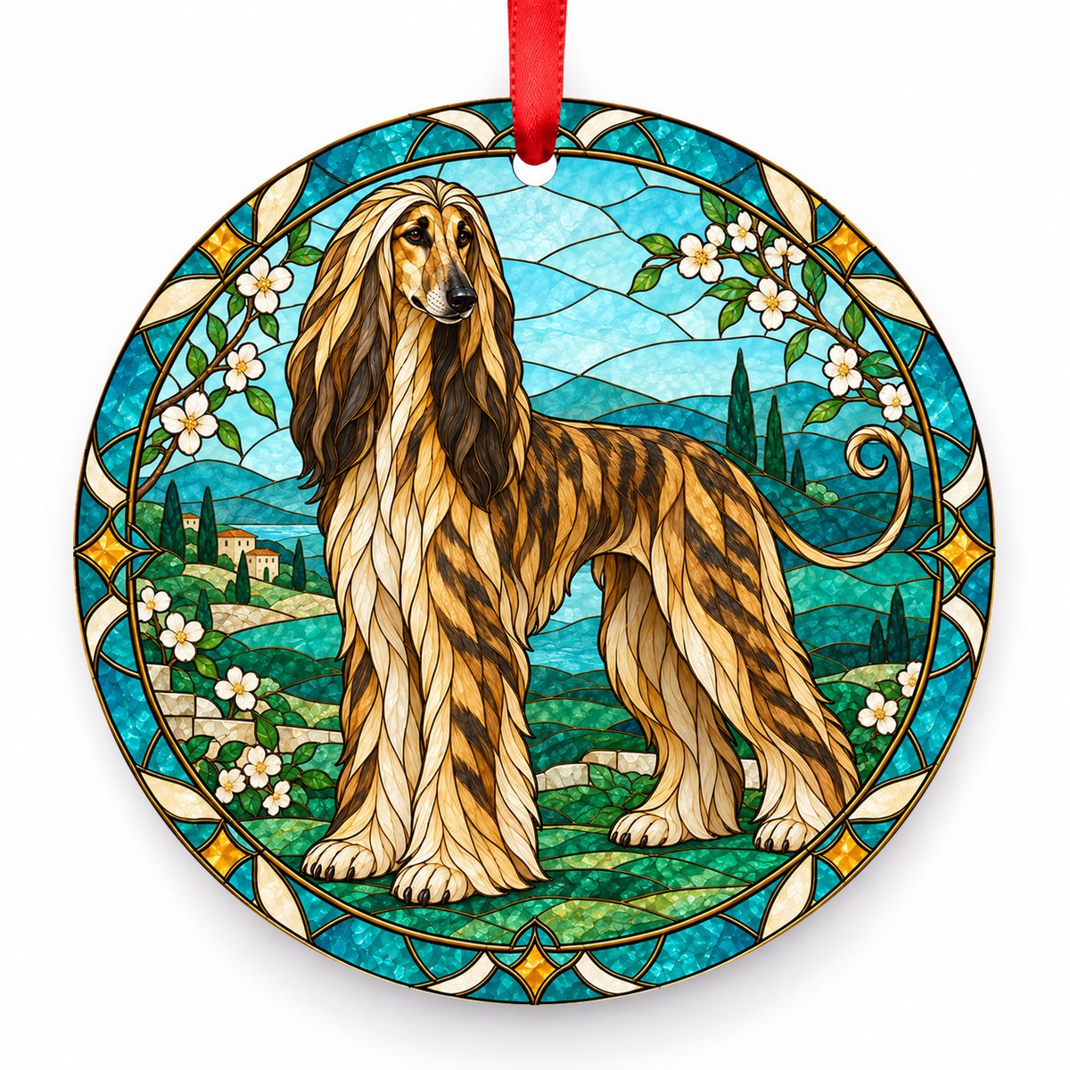 Brindle Afghan Hound stained glass style porcelain Christmas ornament with red ribbon