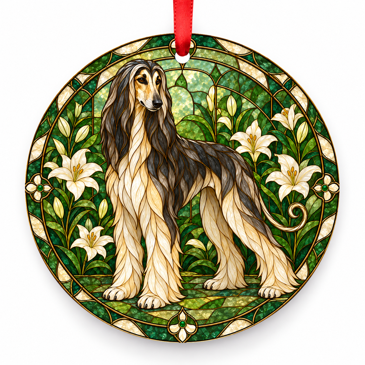 Domino Afghan Hound stained glass style porcelain Christmas ornament with red ribbon