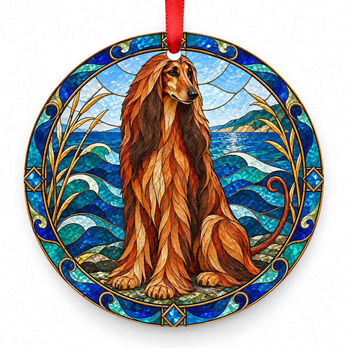 Red Afghan Hound stained glass style porcelain Christmas ornament with red ribbon