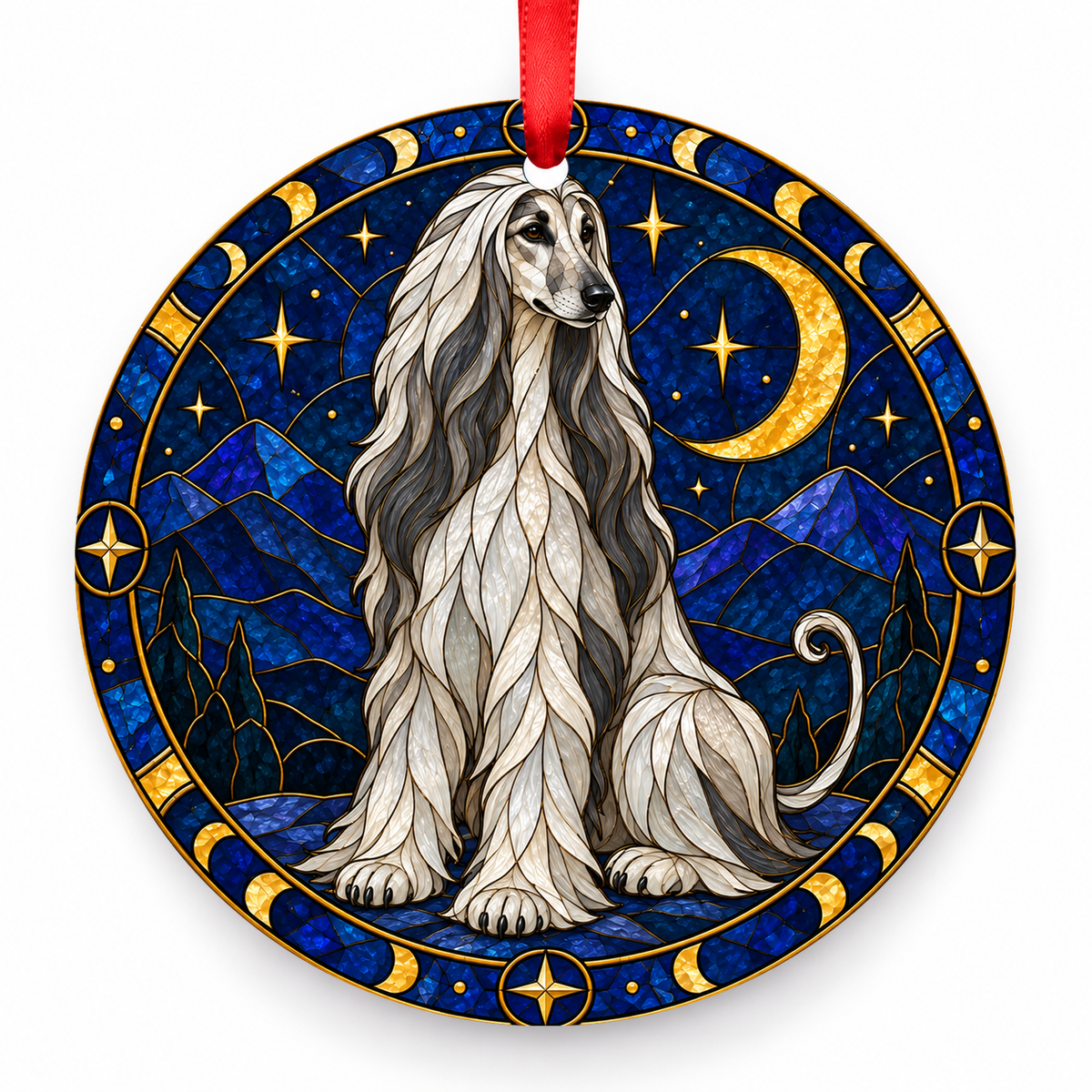Silver Afghan Hound stained glass style porcelain Christmas ornament with red ribbon