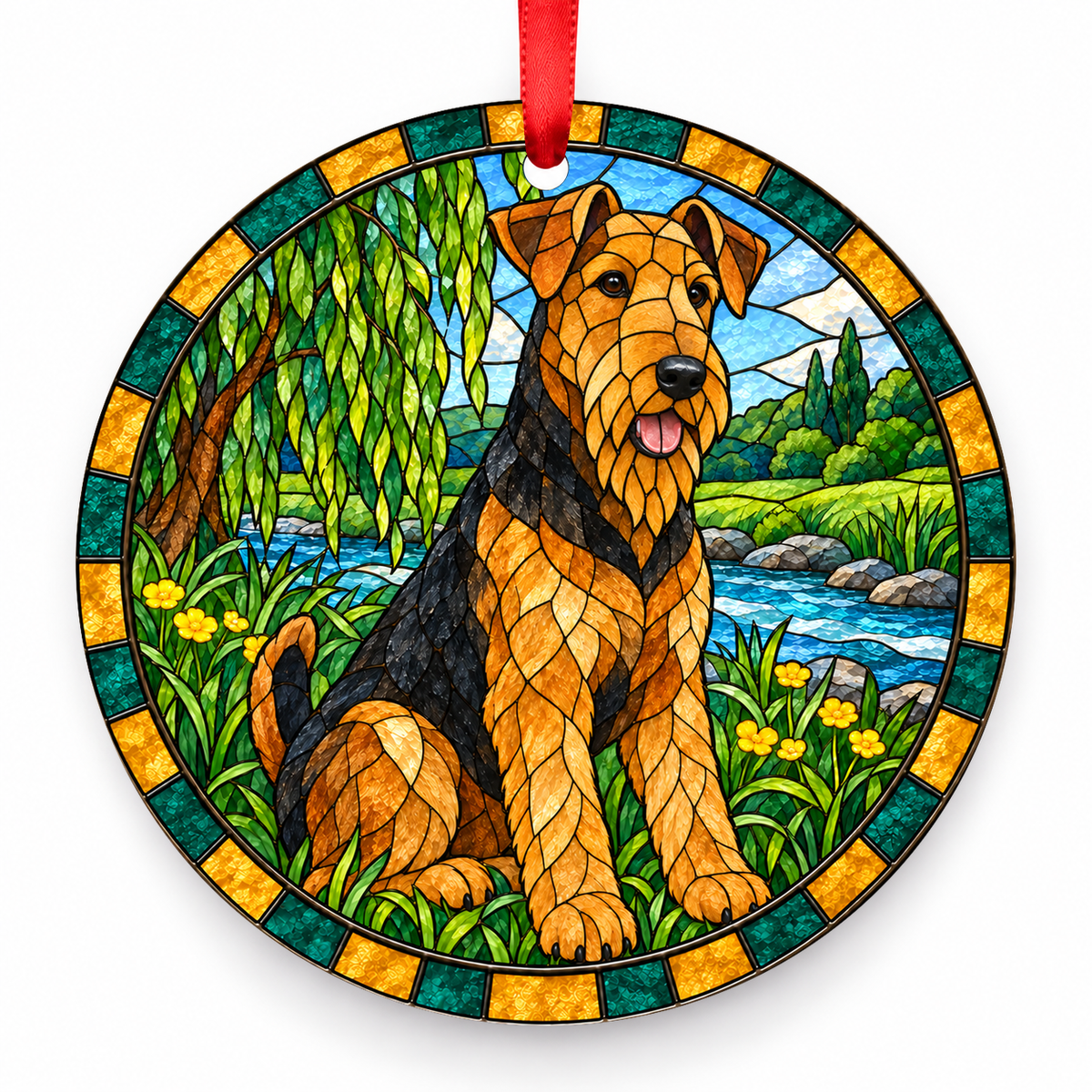Original Airedale Terrier stained glass style porcelain Christmas ornament with red ribbon