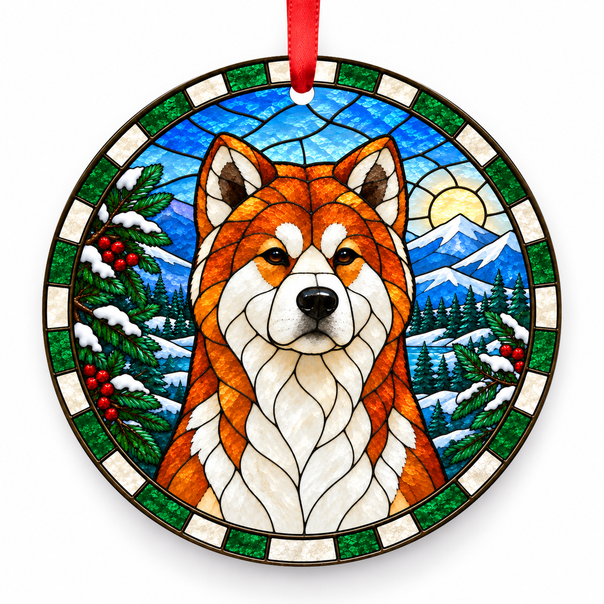 Original Akita stained glass style porcelain Christmas ornament with red ribbon